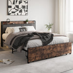Queen Size Bed Frame, Storage Headboard with Charging Station and 2 Drawers, Solid and Stable, Noise Free, No Box Spring Needed, Easy Assembly, Vintage Brown and Gray W840137808-djyc