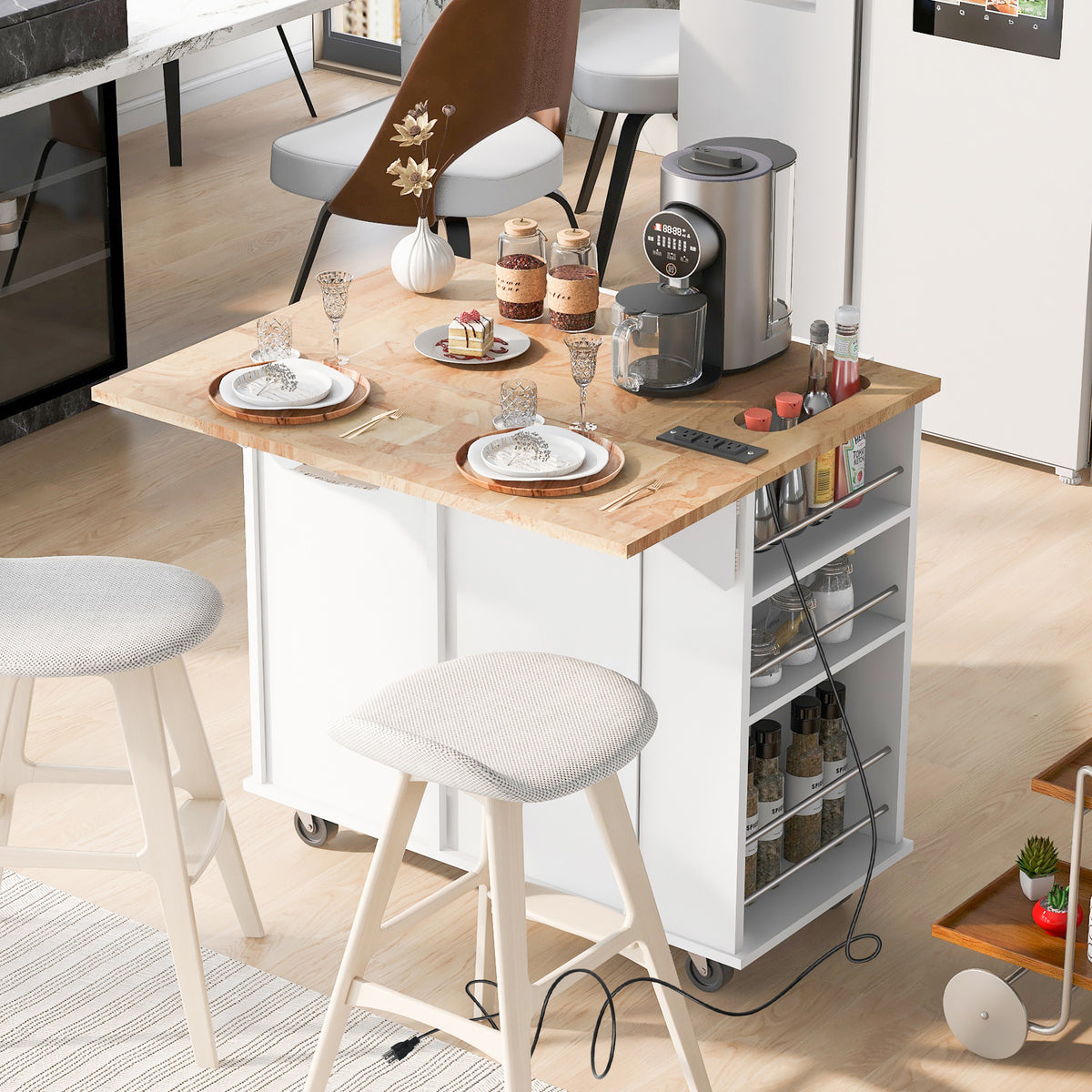 Kitchen Island with Power Outlet,Kitchen Storage Island with Drop Leaf and Rubber Wood,Open Storage and Wine Rack,5 Wheels,with Adjustable Storage for Home, Kitchen, and Dining Room,White WF305556AAW-djyc