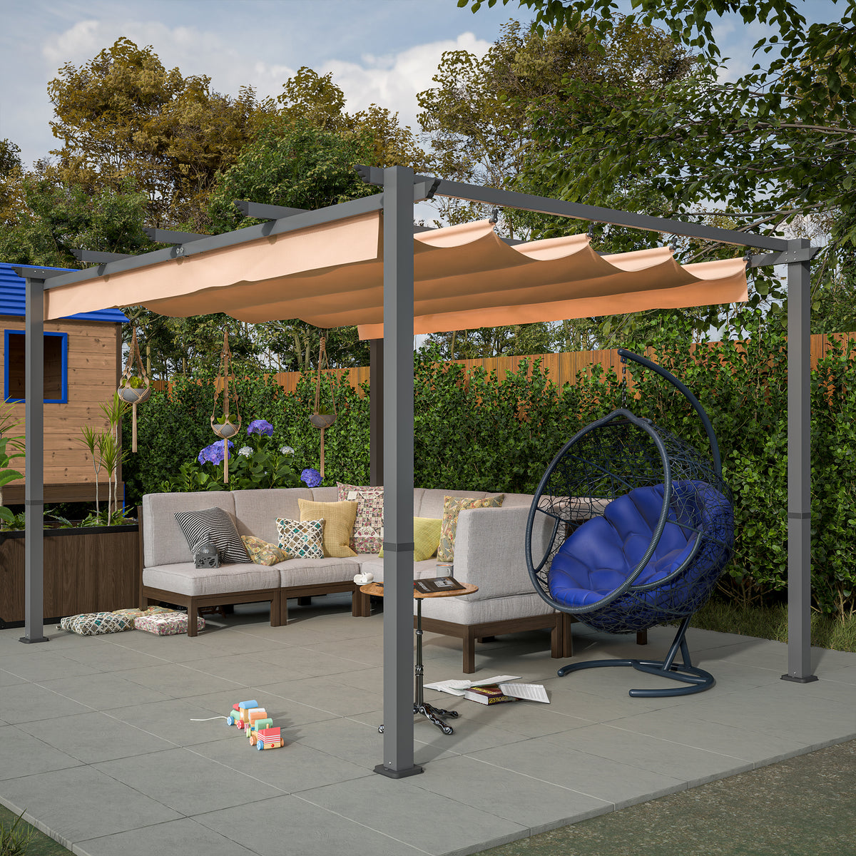 10' x 13' Aluminum Patio Pergola with Retractable Pergola Canopy, Backyard Shade Shelter for Porch, Outdoor Party, Garden, Grill Gazebo, Khaki W2505P155205-djyc