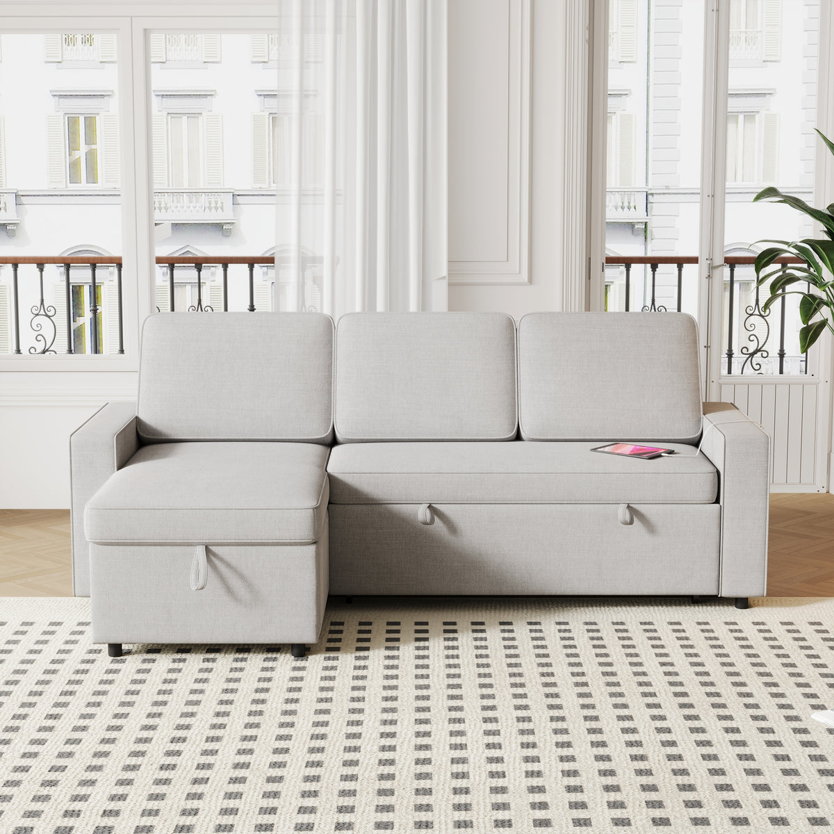 85.8" Pull Out Sleeper Sofa L-Shaped Couch Convertible Sofa Bed with Storage Chaise And Storage Racks,With USB Port And T-pyce Port W834S00267-djyc