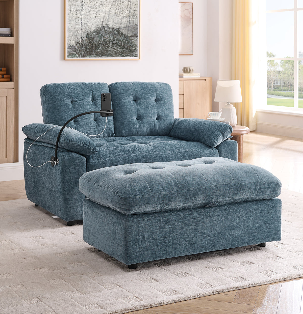 Leisure sofa chair,Double sofa recliner, with manually adjustable backrest, soft padded armrests, side USB charging port and phone stand, comes with a matching storage ottoman-Blue-W487S00516
