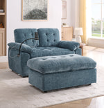 Leisure sofa chair,Double sofa recliner, with manually adjustable backrest, soft padded armrests, side USB charging port and phone stand, comes with a matching storage ottoman-Blue-W487S00516