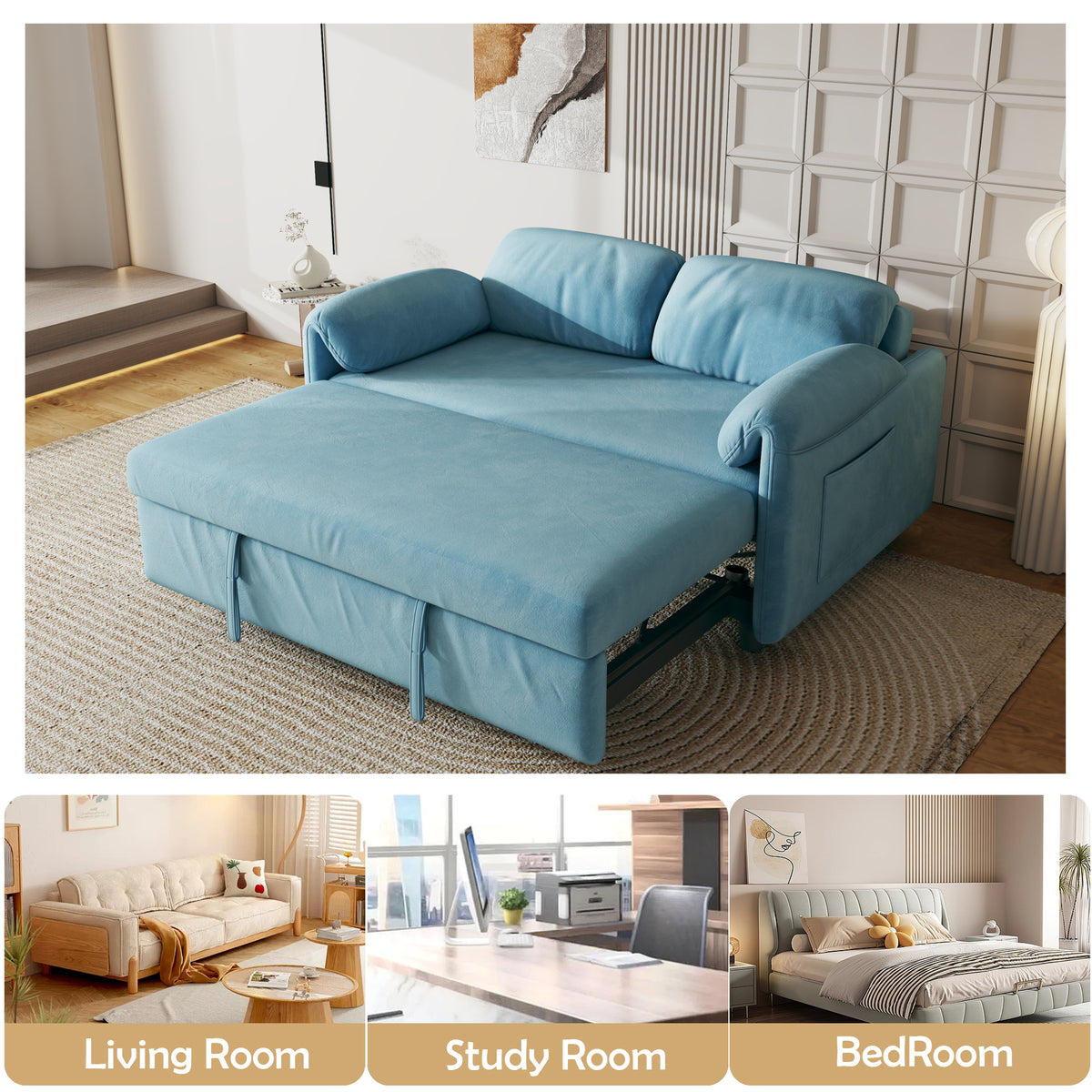 Sofa Showcase: 54" Velvet Blue Sofa Bed – A Dual-Purpose Living Room Gem with a Retractable Bed Option W1278127958-djyc