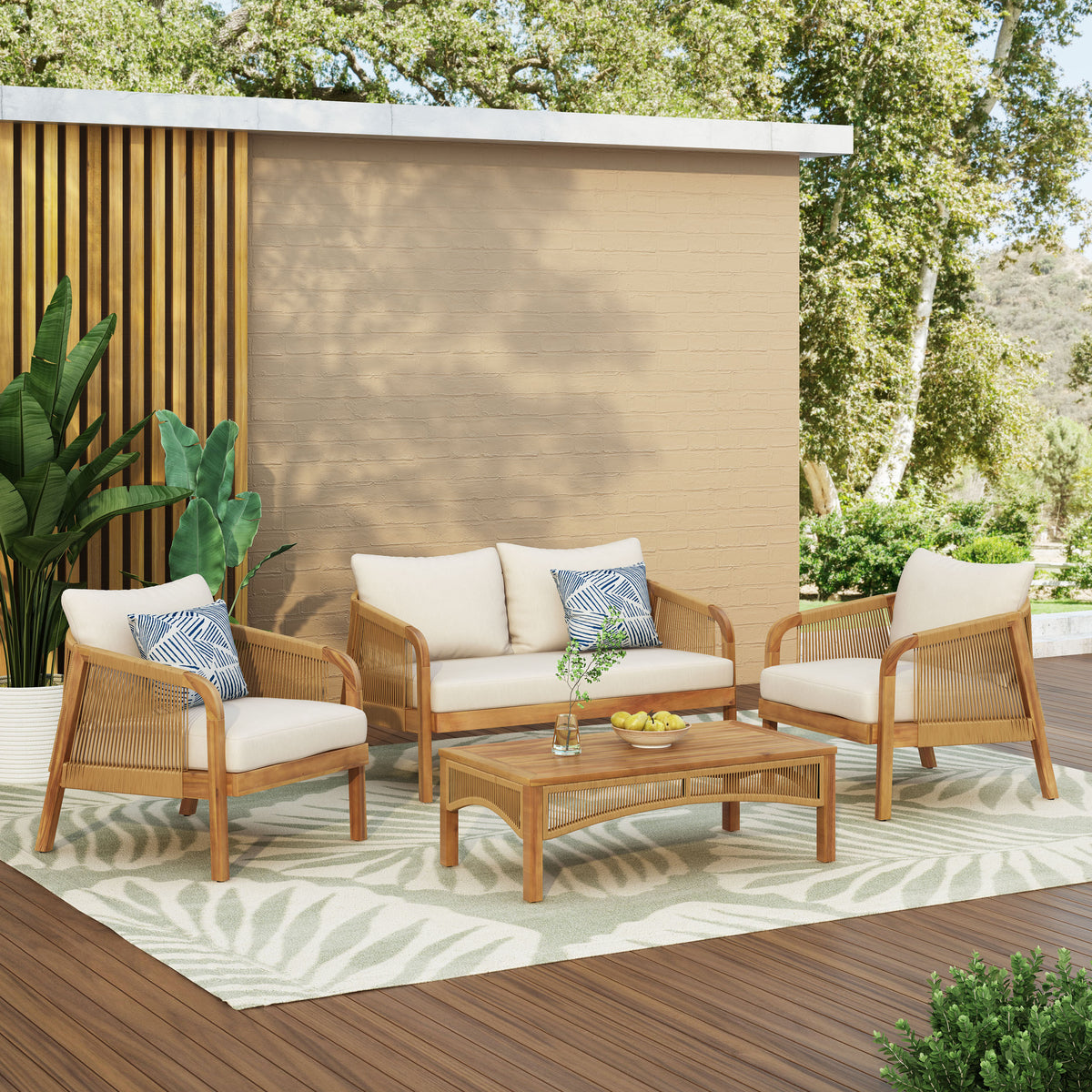 4-Pieces Acacia Wood Patio Furniture Set, Outdoor Furniture with Coffee Table, Patio Conversation Set Deep Seating with Soft Cushion, Porch Chairs for Garden, Backyard Porch Balcony, Brown & Beige 72408.00LBGE-djyc