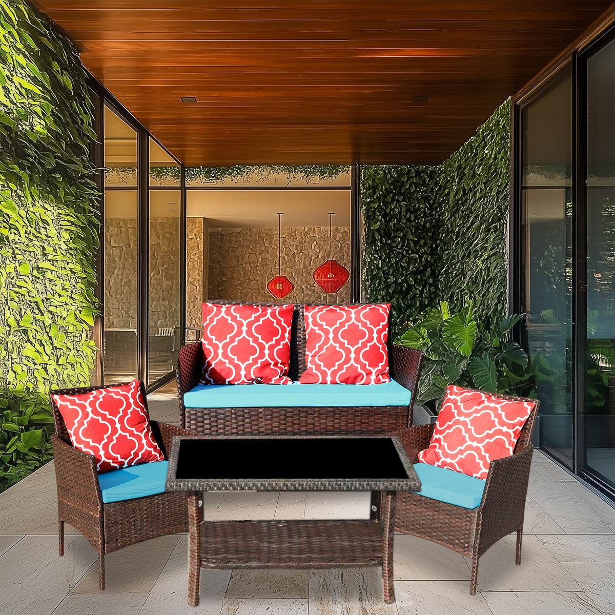 Four-Piece Sofa Set Table With Sofa Chair PE Rattan Outdoor Furniture HY4-001 Box *1 With Emerald Green Color Cushion W3152P269438-djyc