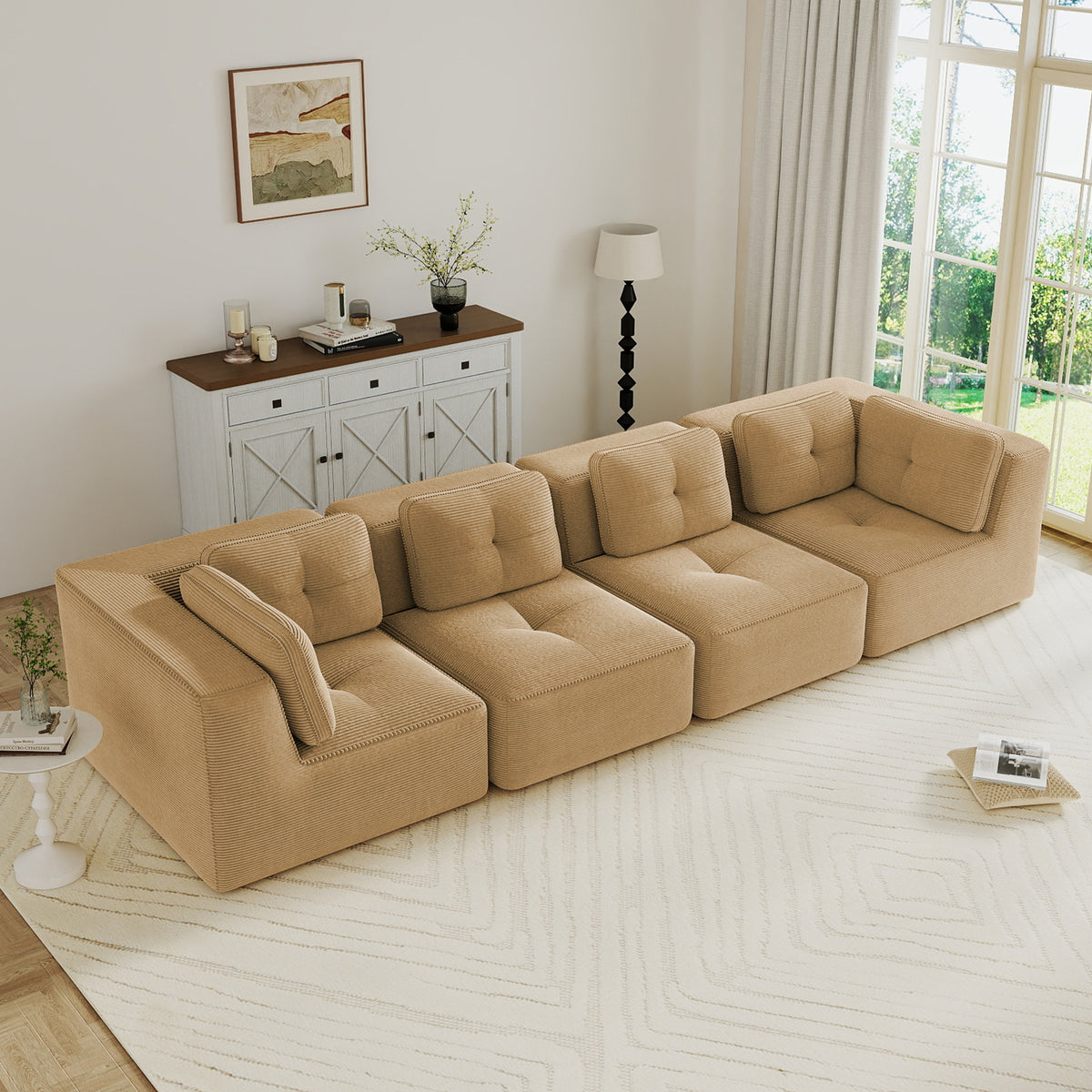Modern Modular Sectional Sofa for Living Room, Corduroy Fabric, Oversized 4-Seaterwith Deep Seat , Pearl-like piping, Tufted Design, No Assembly, Anti-slip Design, Camel-W714S01786