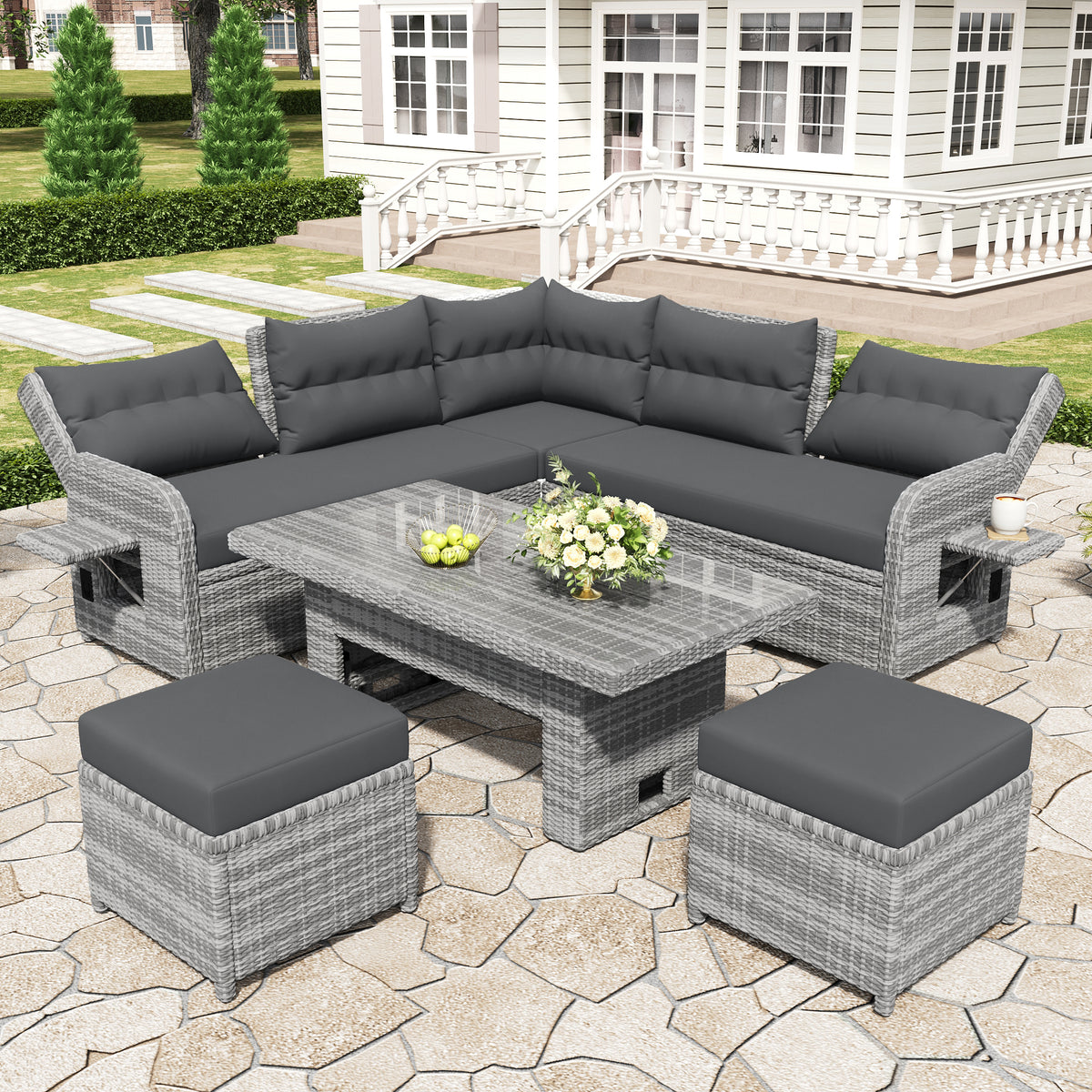 Outdoor Furniture Set Patio Rattan Furniture Set with an Adjustable Table, Recliners with Extendable Side Tables, and Two Ottomans For Patio, Lawn, Backyard, Pool, Grey N719Z000120E-djyc