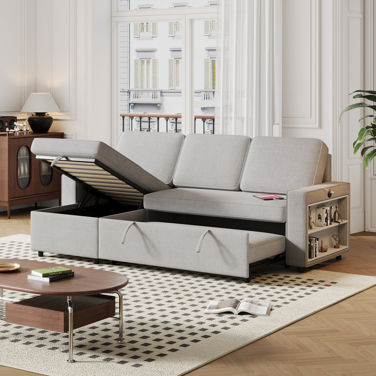 85.8" Pull Out Sleeper Sofa L-Shaped Couch Convertible Sofa Bed with Storage Chaise And Storage Racks,With USB Port And T-pyce Port W834S00267-djyc