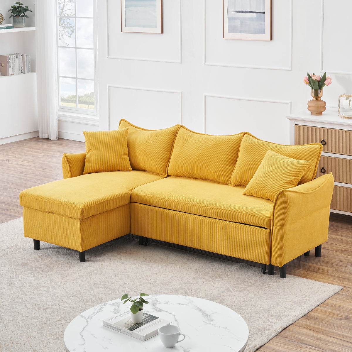 The 80-inch yellow corduroy L-shaped sofa comes with two small throw pillows that can be converted into a sofa bed for storage W1278S00029-djyc