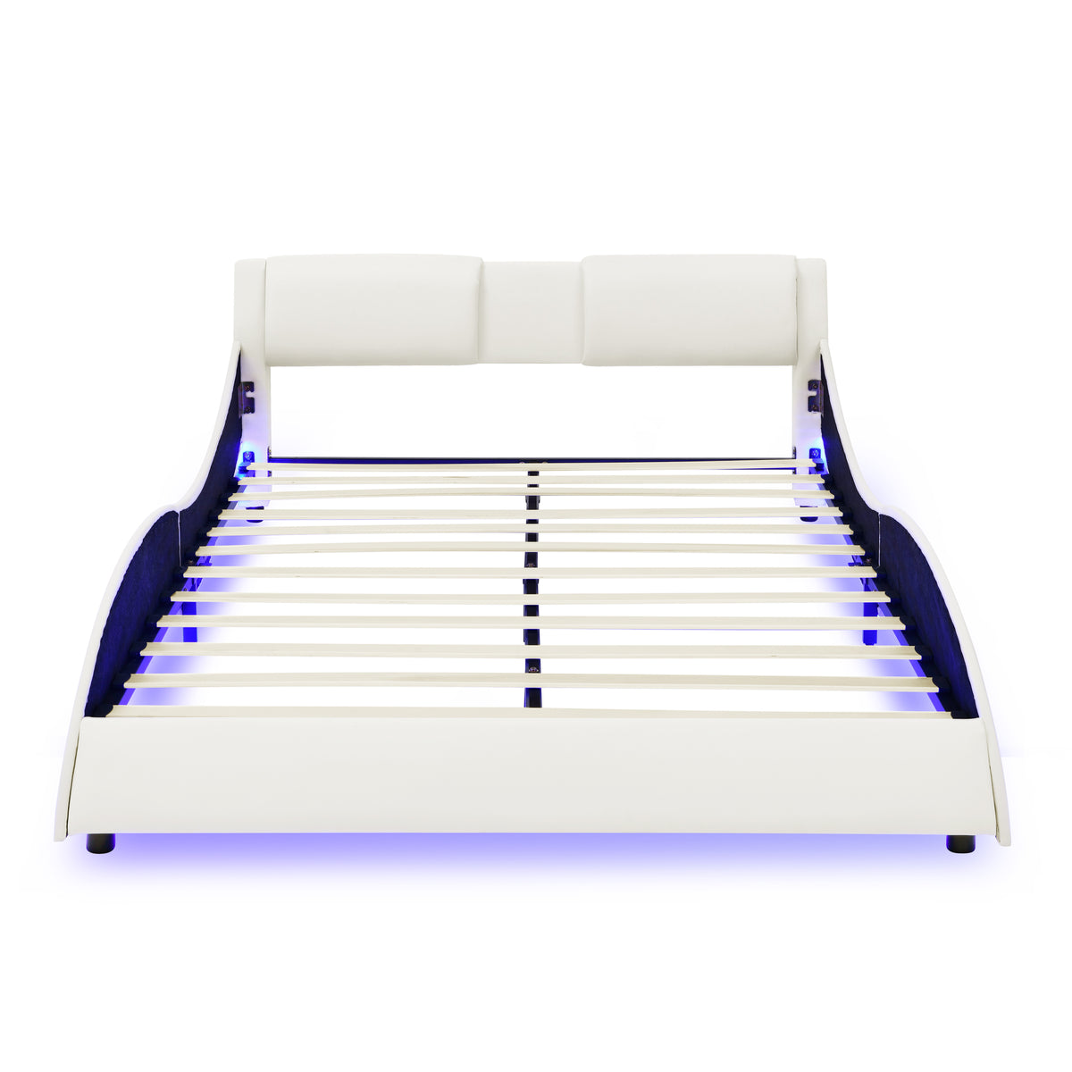 Queen Led Bed Frame Modern Faux Leather Upholstered Platform Bed Frame with RGB LED Lights and Headboard Wave Like Curve Low Profile Bed Frame,Wood Slats Support,Easy Assembly, White W487P169715-djyc