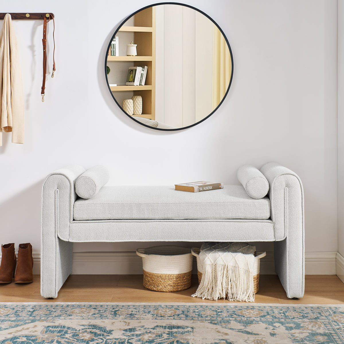 Bedroom storage stool, linen fabric storage stool, large storage space, 50.39 inches, can be used for bed end, living room, entrance, White W487P180474-djyc