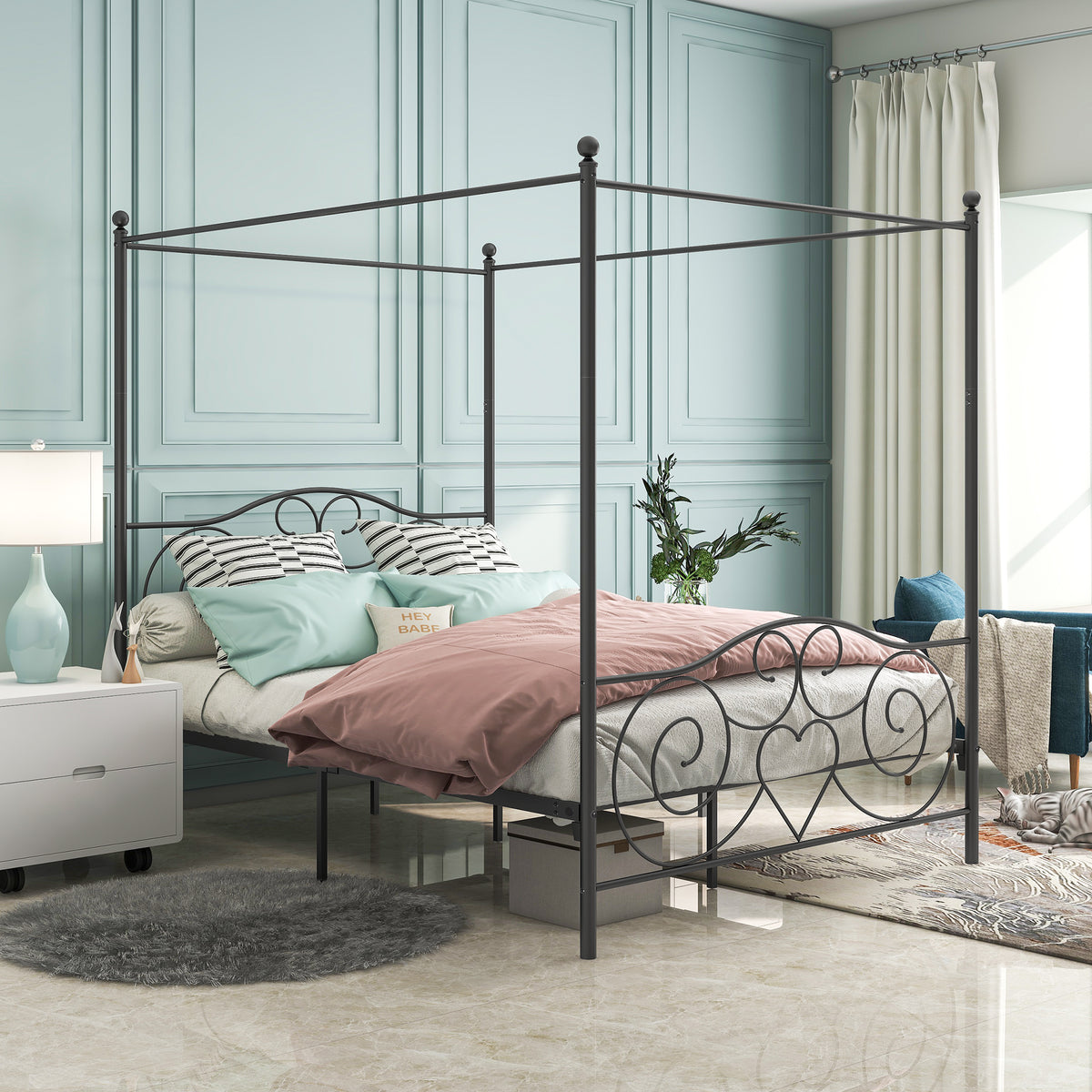 Metal Canopy Bed Frame with Vintage Style Headboard & Footboard , Easy DIY Assembly All Parts Included, Queen Black(same as 748G-BK) W84036133-djyc