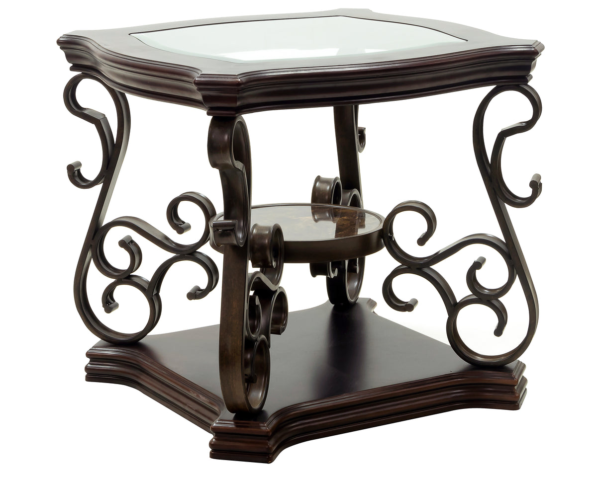 End table,Glass table top, MDF W/marble paper middle shelf, powder coat finish metal legs. (26.3"Lx26.3"Wx24"H) W48720761-djyc