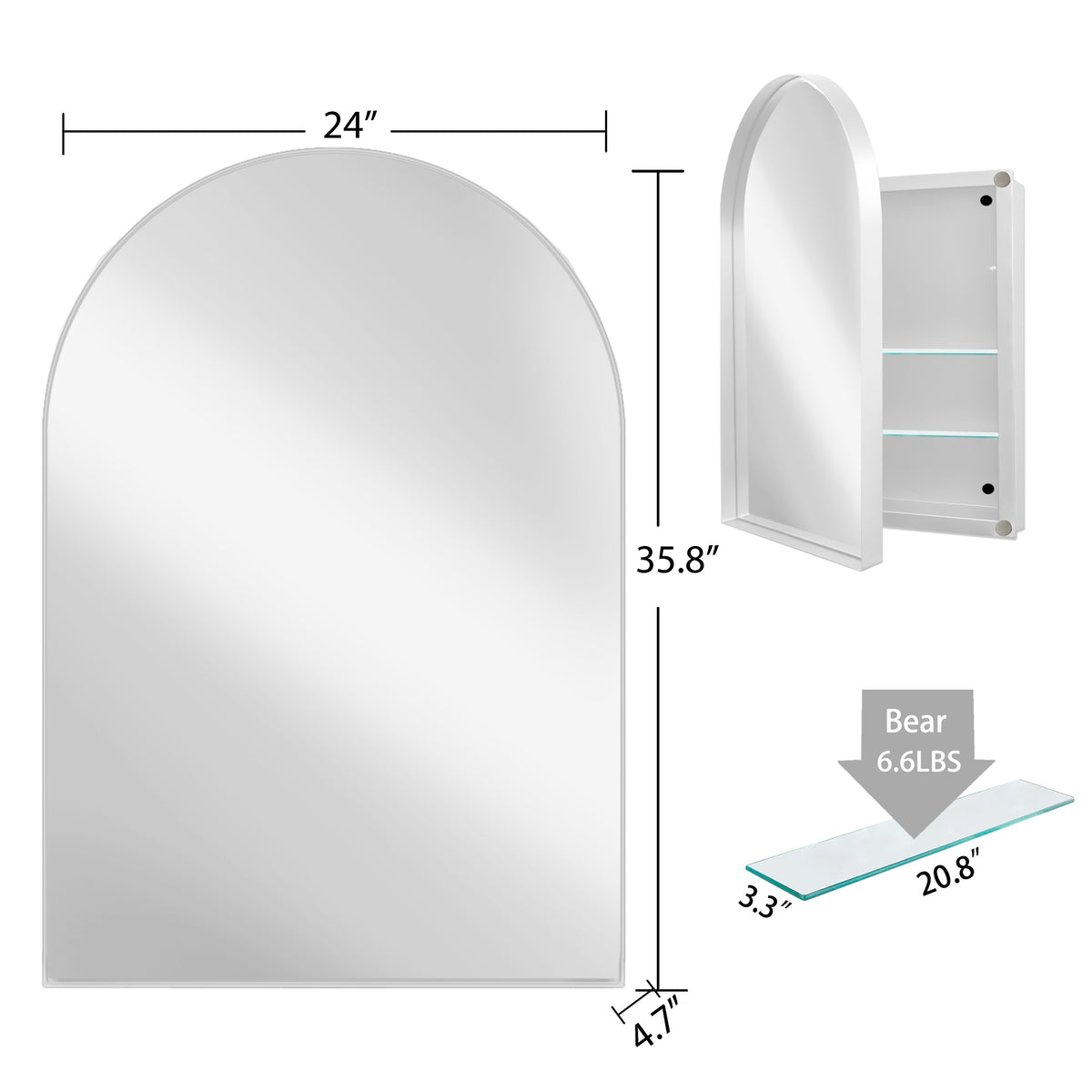 24x36 Inch Arched Recessed Medicine Cabinet, Metal Framed Bathroom Wall Cabinet with Mirror and Adjustable Shelves, Wall Mirror with Storage for Bathroom, White W1435P202407-djyc