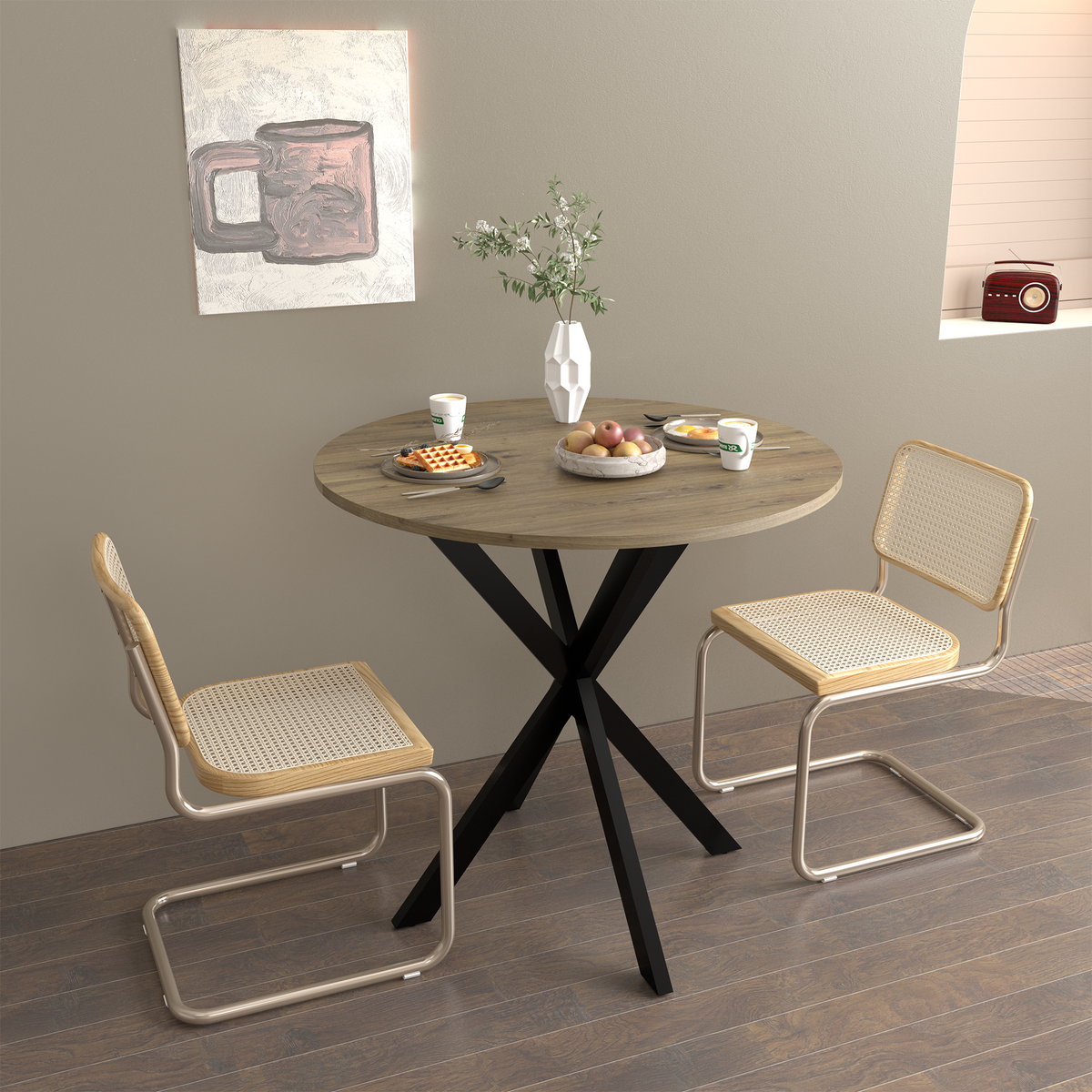 31.5 Inch Round Dining Table, Small Circle Kitchen Table with Metal Black Legs for 2-4 people,Modern Dining Room Table, Brown (only table) W808P176713-djyc