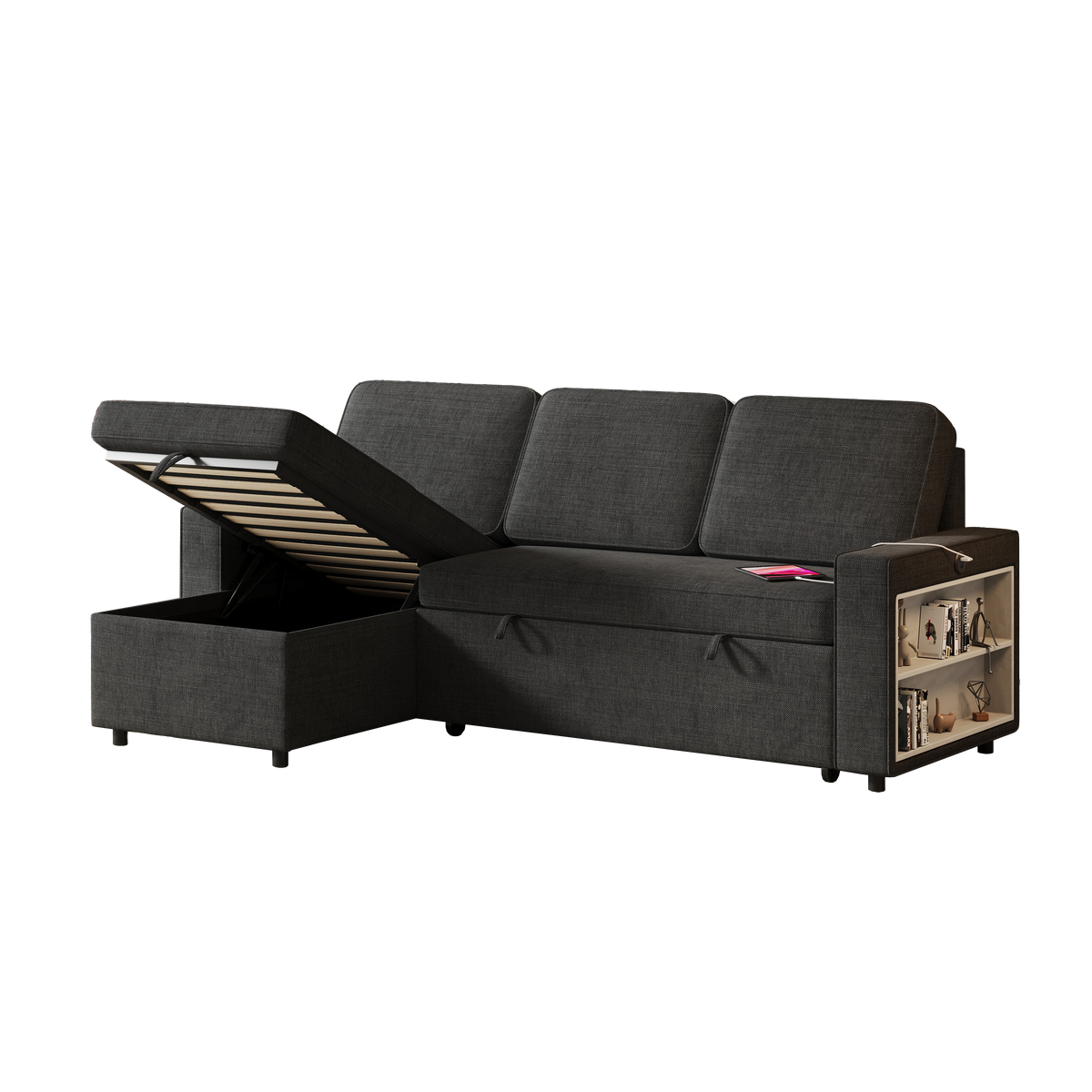 85.8" Pull Out Sleeper Sofa L-Shaped Couch Convertible Sofa Bed with Storage Chaise And Storage Racks,With USB Port And T-pyce Port W834S00265-djyc