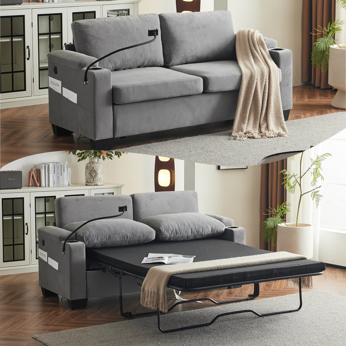 Pull-out sofa bed, chenille material, pull-out queen sofa bed, with USB charging, mobile phone holder, memory sofa, removable and washable cushions, suitable for living room, bedroom, apartment, Grey W1829P206410-djyc