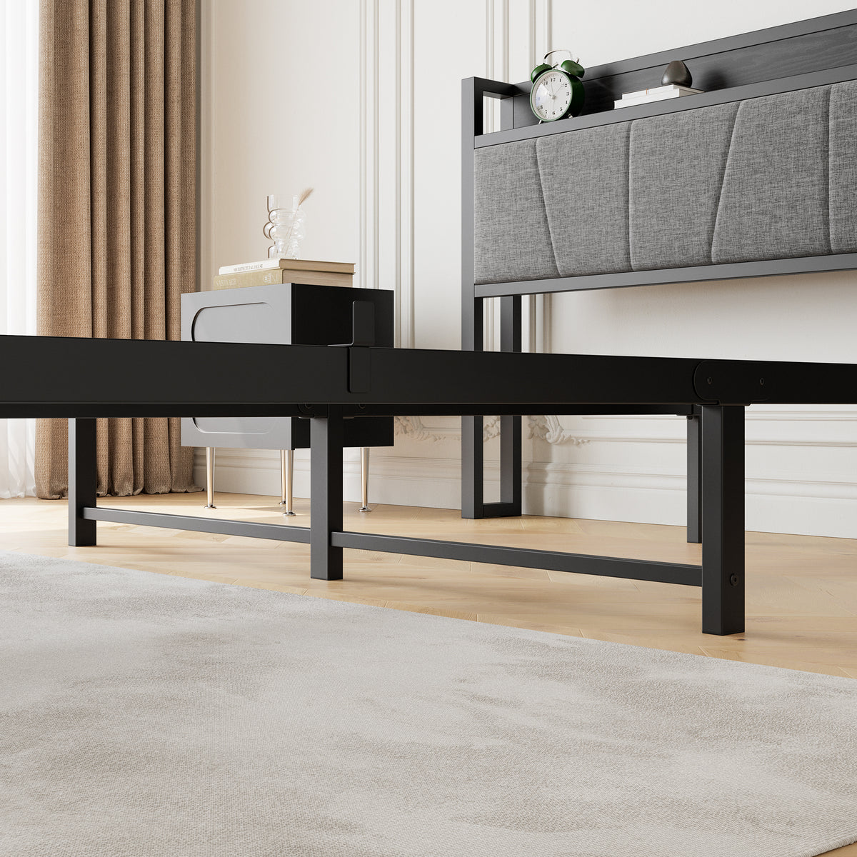 Queen Size Bed Frame, Storage Headboard with Charging Station, Solid and Stable, Noise Free, No Box Spring Needed, Easy Assembly W840P195212-djyc