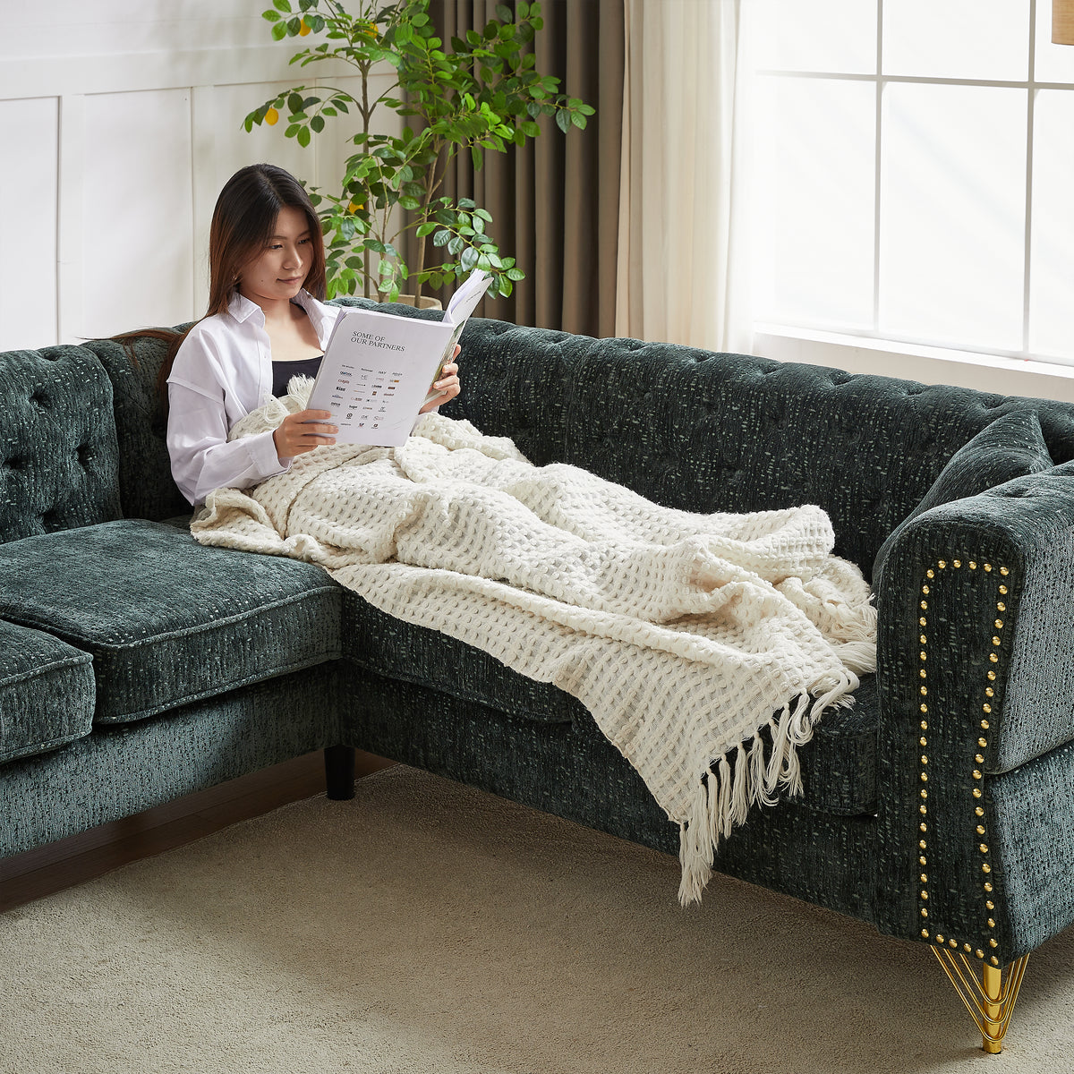 81.5-Inch Chenille Corner Sofa , L-Shaped Sectional Couch, 5-Seater Corner Sofas with 3 Cushions for Living Room, Bedroom, Apartment, Office W834S00264-djyc