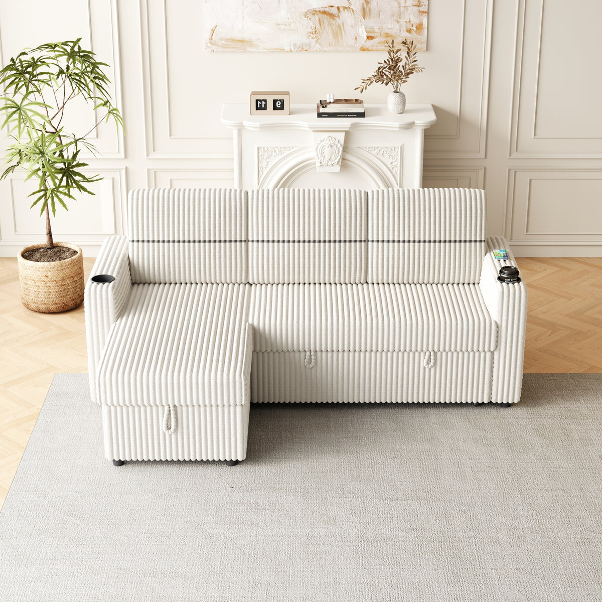 85 Inches Corduroy Sofa Bed, 3 Seater Sleeper Sofa with Storage Chaise, Square Handrail With Two Cup-holder And USB Charge Port, Pull Out Couch for Living Room W834S00272-djyc