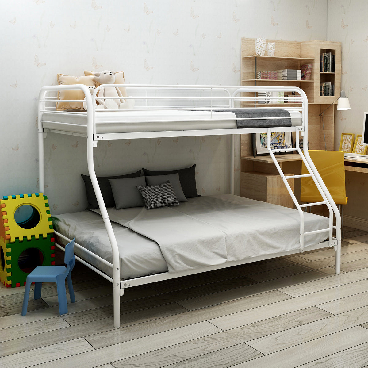 Heavy Duty Twin-Over-Full Metal Bunk Bed, Easy Assembly with Enhanced Upper-Level Guardrail, White W84041890-djyc