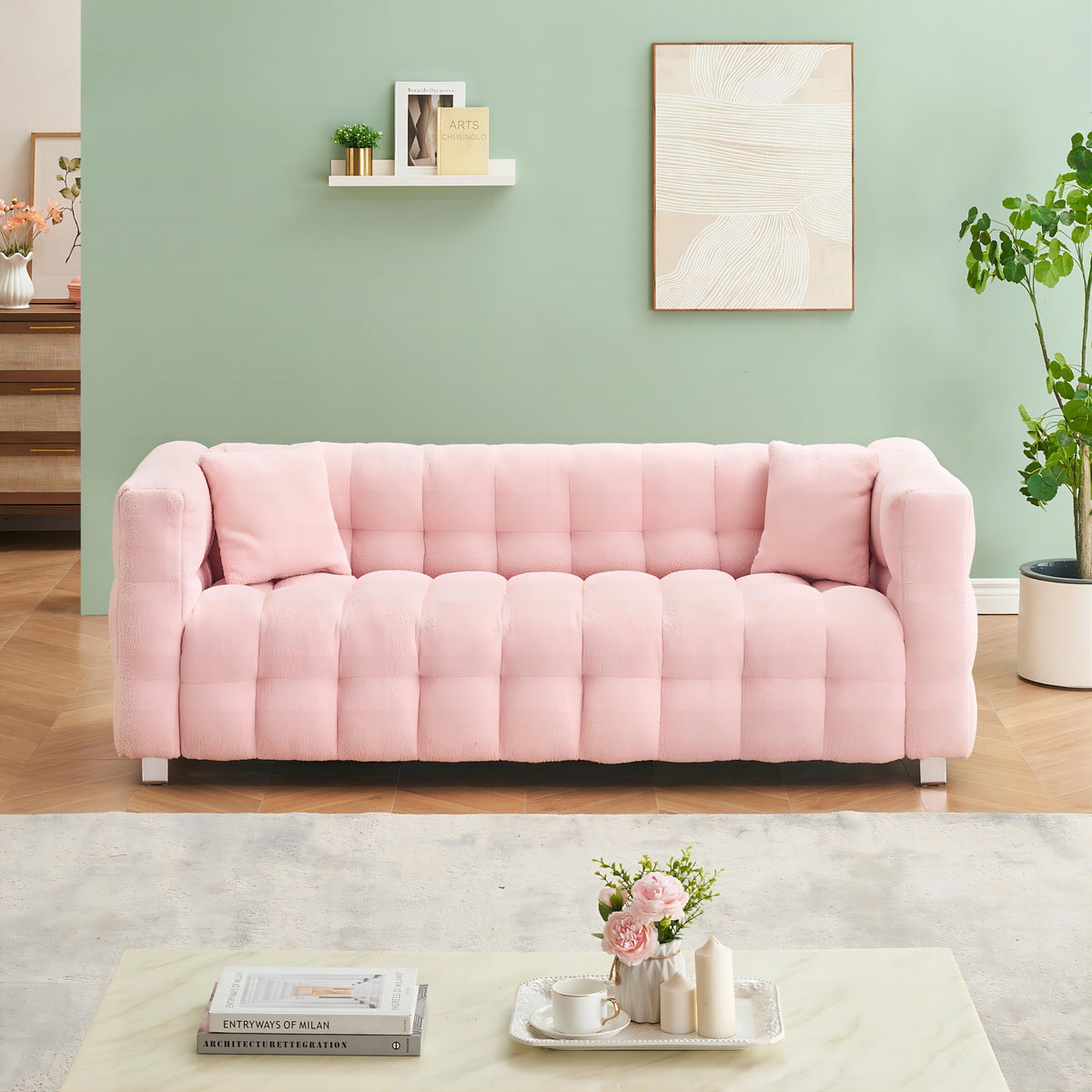 Stylish Addition: Pink Teddy Fleece Sofa - 80 Inch, Perfect for Living Room or Bedroom, Complete with Two Throw Pillows and Sturdy Hardware Foot Support W1278141689-djyc