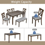 6 Piece Kitchen Dining Set, Rectangular Wooden Dining Table with 4 Upholstered Chairs and a Bench, Dining Table Set for 6 People, Living Room, Home Bar and Kitchen, Walnut W1998S00008-djyc