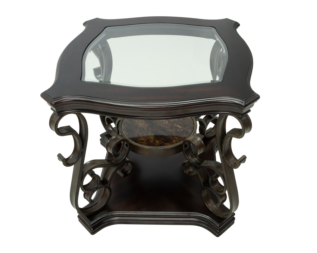 End table,Glass table top, MDF W/marble paper middle shelf, powder coat finish metal legs. (26.3"Lx26.3"Wx24"H) W48720761-djyc
