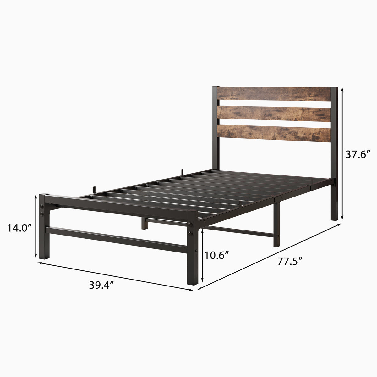 Twin Size Platform Bed Frame with Rustic Vintage Wood Headboard, Strong Metal Slats Support Mattress Foundation, No Box Spring Needed Rustic Brown W84084261-djyc