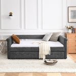 Daybed with Trundle Upholstered Tufted Sofa Bed, with Button and Copper Nail on Arms,Full Daybed & Twin Trundle, Grey(85.5"x57"x30.5") W487S00078-djyc