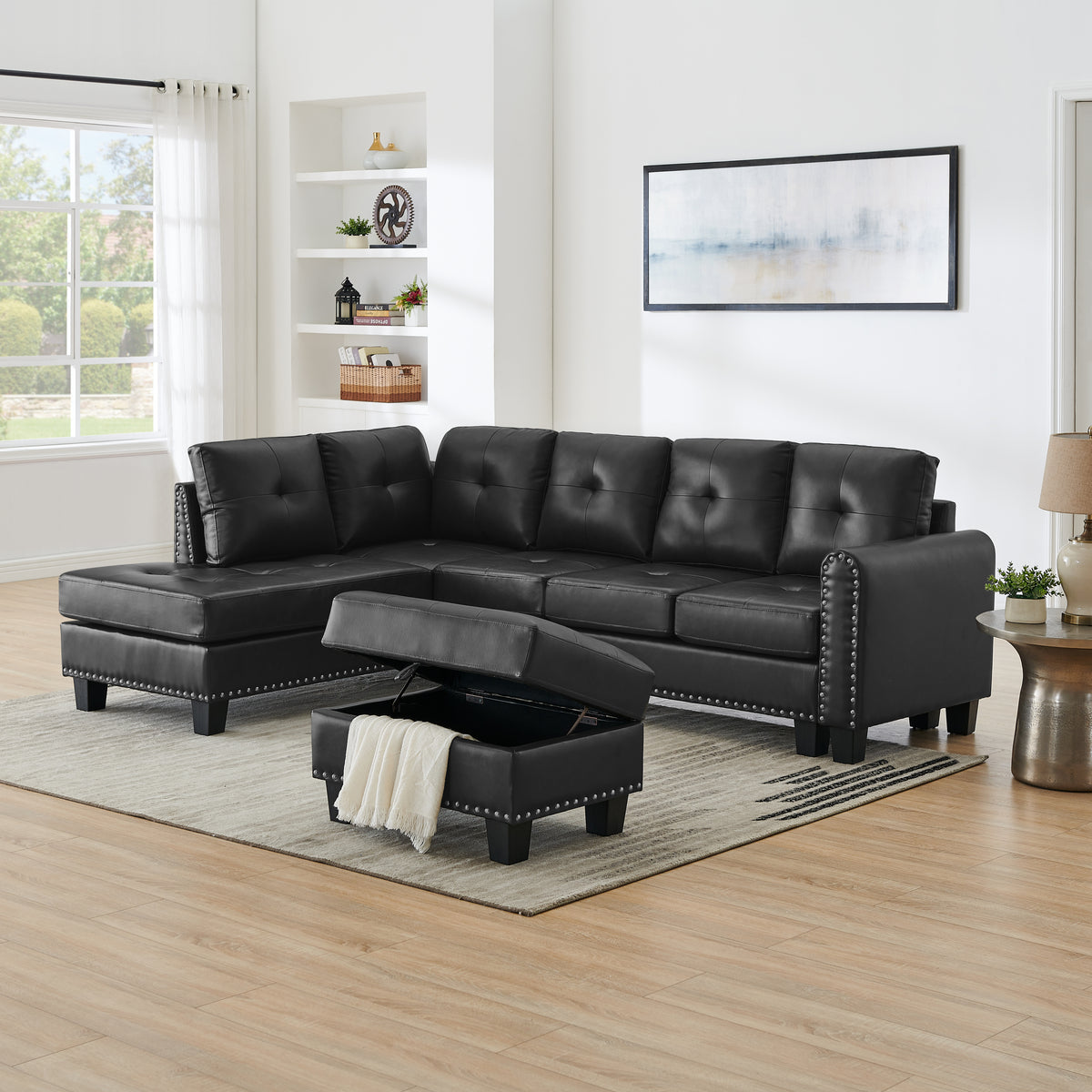 Sectional 3-Seaters Sofa , reversible recliner, Storage pad and wood grain cup holder, Non-slip leg, pu, black W487S00241-djyc