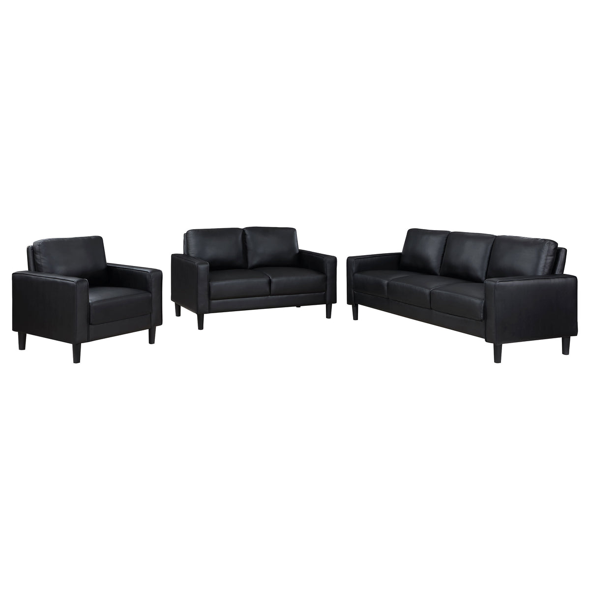 Weld Black 3-Piece Upholstered Track Arm Sofa Set with Plush Cushions and Tapered Legs in Black Faux Leather-B062S01658
