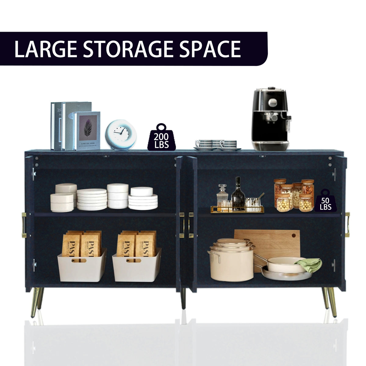 Modern Lacquered 4 Door Wooden Cabinet Sideboard Buffet Server Cabinet Storage Cabinet, for Living Room, Entryway, Hallway, Office, Kitchen and Dining Room, Navy Blue W1435P191610-djyc