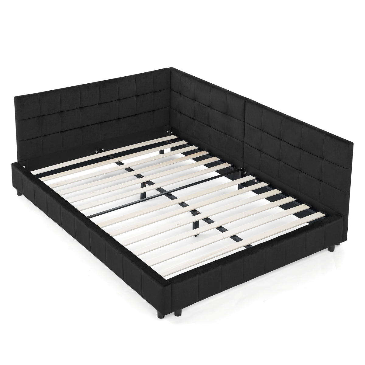 Full Size Upholstered TuftedBed Frame, Sofa Bed Frame with Comfortable Backrest and Armrests, Full Size Bed for Bedroom, Living Room,Velvet, Black(80.5''*59''*30.5'') W487S00222-djyc