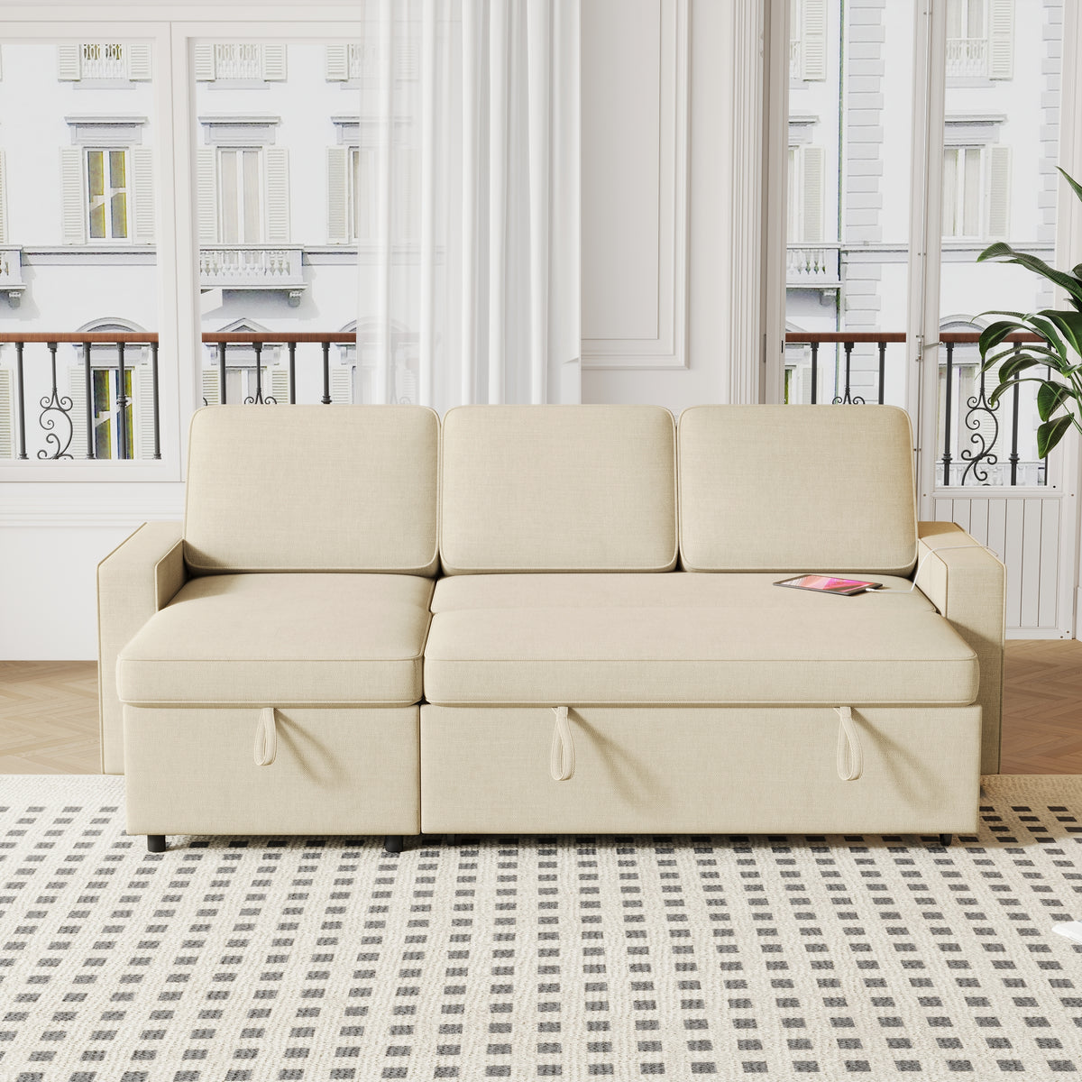 85.8" Pull Out Sleeper Sofa L-Shaped Couch Convertible Sofa Bed with Storage Chaise And Storage Racks,With USB Port And T-pyce Port W834S00266-djyc