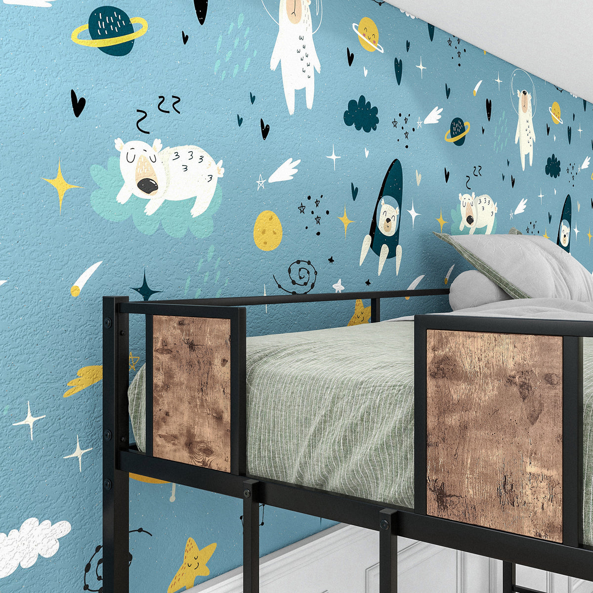 Twin Over Full Metal Bunk Bed, Heavy Duty Metal Bed Frame with Safety Rail , 2 Side Ladders & Decorative Wood ,No Box Spring Needed W840126707-djyc