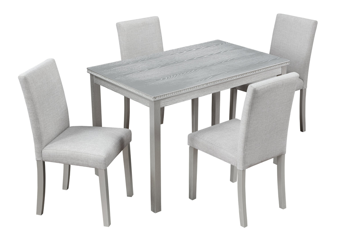 5 Piece Wooden Dining Table Set, Kitchen Table Set with a Rectangular Table and 4 Upholstered Chairs, Wooden Dining Room Table with Crystal Decoration and Chairs Set, Silver grey W1998S00048-djyc