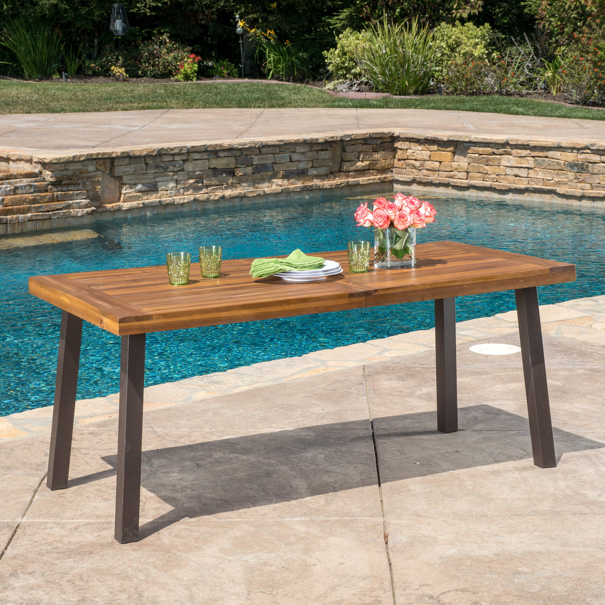 Modern Industrial Dining Table – Acacia Wood Top, Powder-Coated Frame, Weather-Resistant, Slat Panel Design 57192-djyc