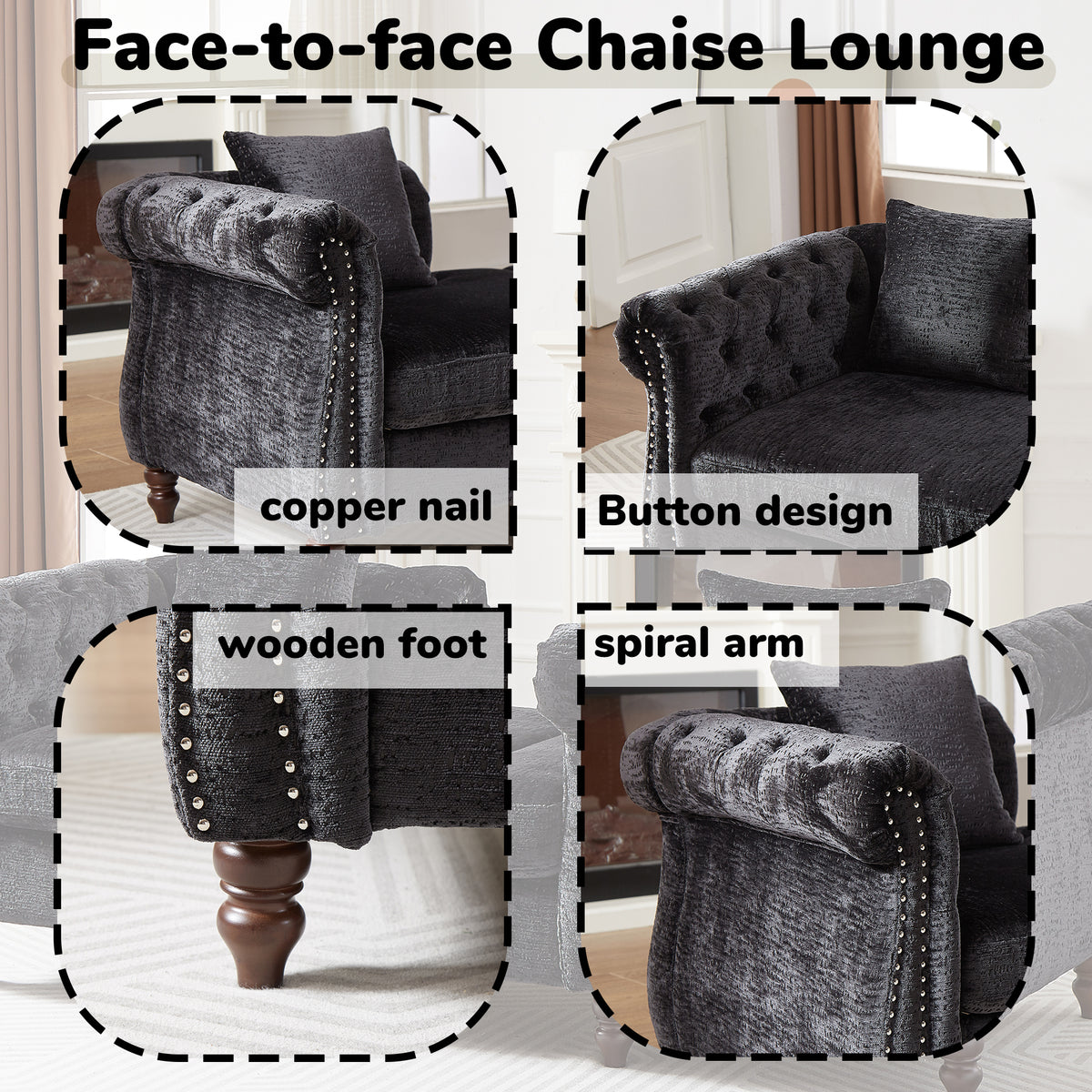 81-inch Chenille Face-to-face Chaise Lounge with Two Pillows,Nailhead trim,Button Tufted Design and Rolled Arms for Lounge, Living room and Office W834S00319-djyc