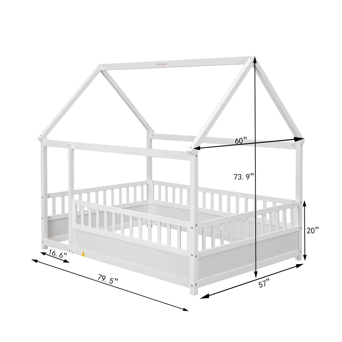 Full Size Floor Wooden Bed with House Roof Frame, Fence Guardrails,White W1858123986-djyc