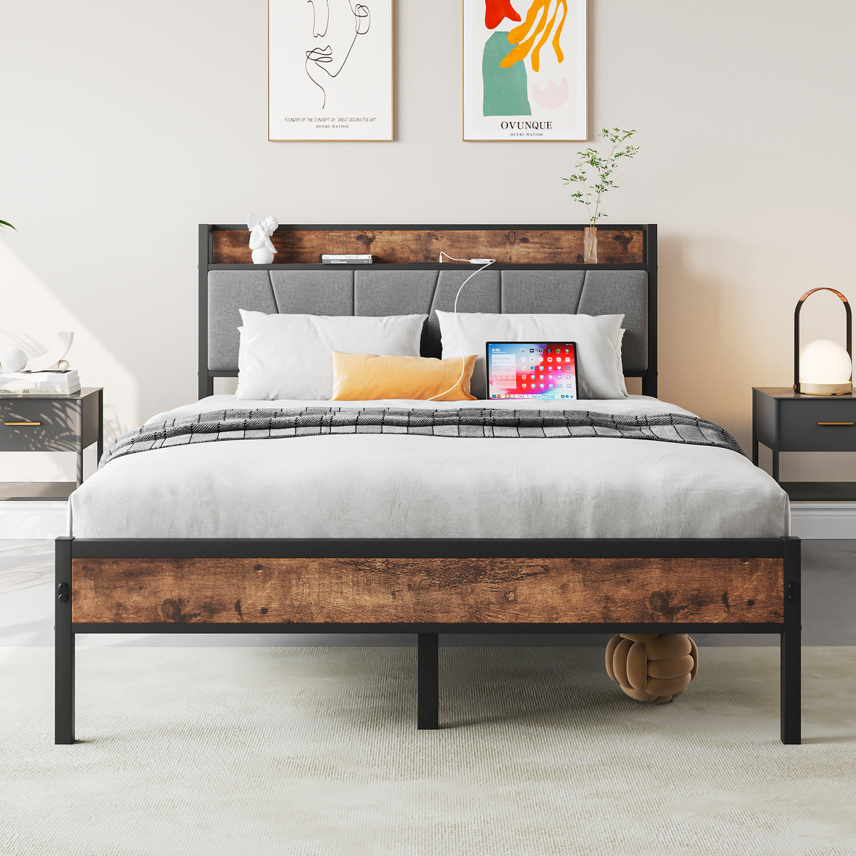 Full Size Bed Frame, Storage Headboard with Charging Station, Solid and Stable, Noise Free, No Box Spring Needed, Easy Assembly,Vintage Brown and Gray W840120028-djyc