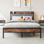 Full Size Bed Frame, Storage Headboard with Charging Station, Solid and Stable, Noise Free, No Box Spring Needed, Easy Assembly,Vintage Brown and Gray W840120028-djyc