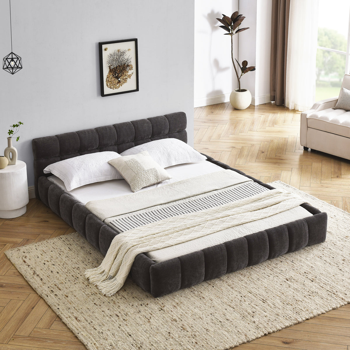 Queen Size Upholstered Bed Frame with Thick Fabric, Chenille Fabric Grounded Queen Size Platform Bed with Headboard and Solid Frame. No Box Spring Needed, Dark Grey(68''*86.5''*23.5'') W487S00221-djyc