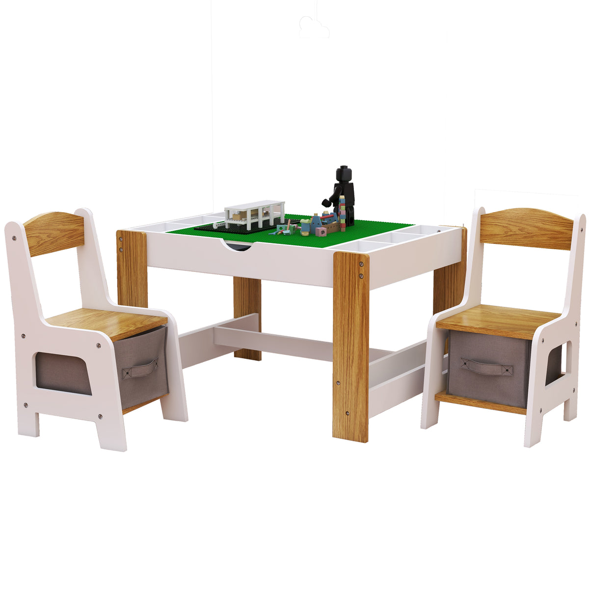 Kids 2 in 1 Play Table & 2 Chairs Set,with 7 Storage Compartments,Compatible with LEGO Building Block,Modern Activity Learning Table Game Furniture-White W282P182328-djyc