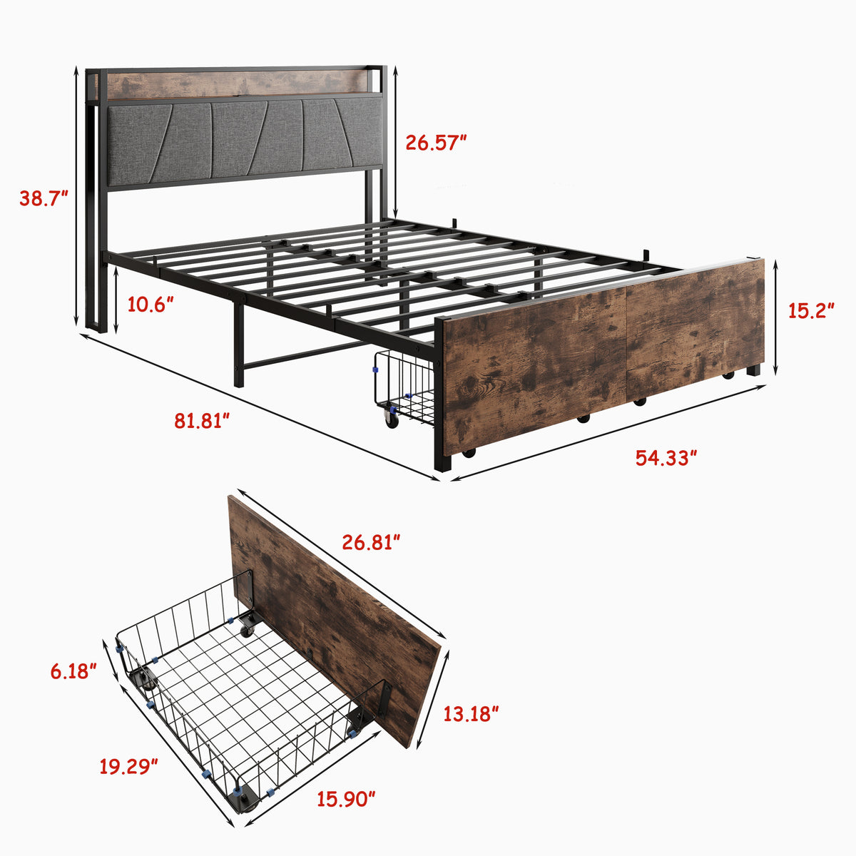Full Size Bed Frame, Storage Headboard with Charging Station and 2 Storage Drawers,Vintage Brown and Gray W840137806-djyc