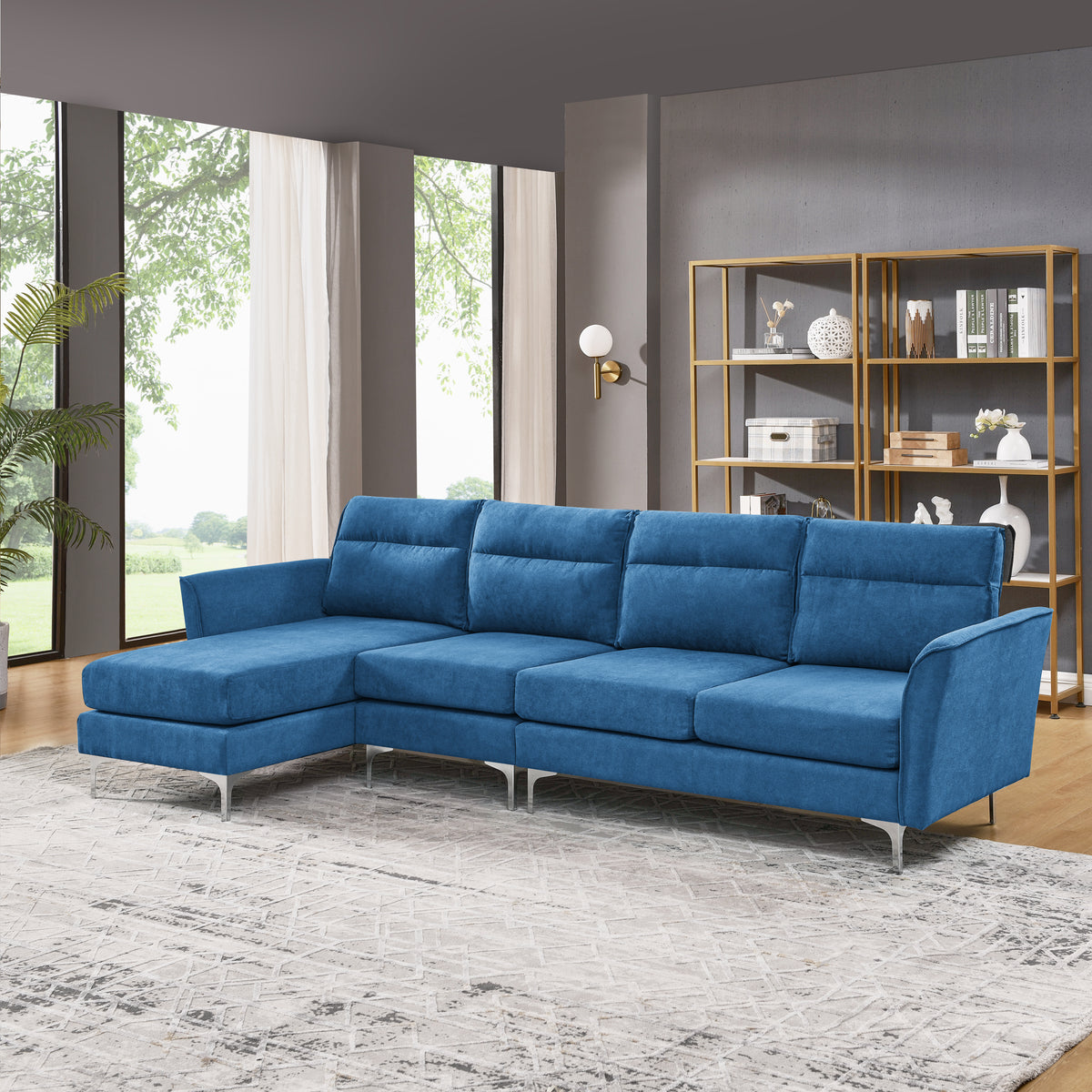 Modern Sofa 3-Seat Couch with Stainless Steel Trim and Metal Legs for Living Room,New package compression sofa technology,Navy blue W487S00235-djyc