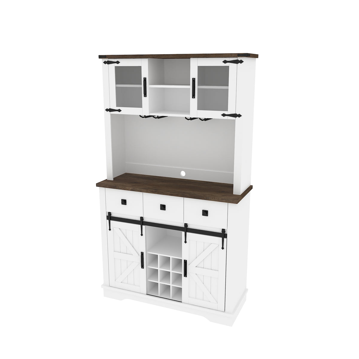 Farmhouse Bar Cabinet with Sliding Barn Door, 70" Rustic Buffet Cabinet with Storage Shelves, Liquor Cabinet with Wine and Glasses Rack, Sideboard Cupboard for Kitchen, Dining Room W1347S00003-djyc