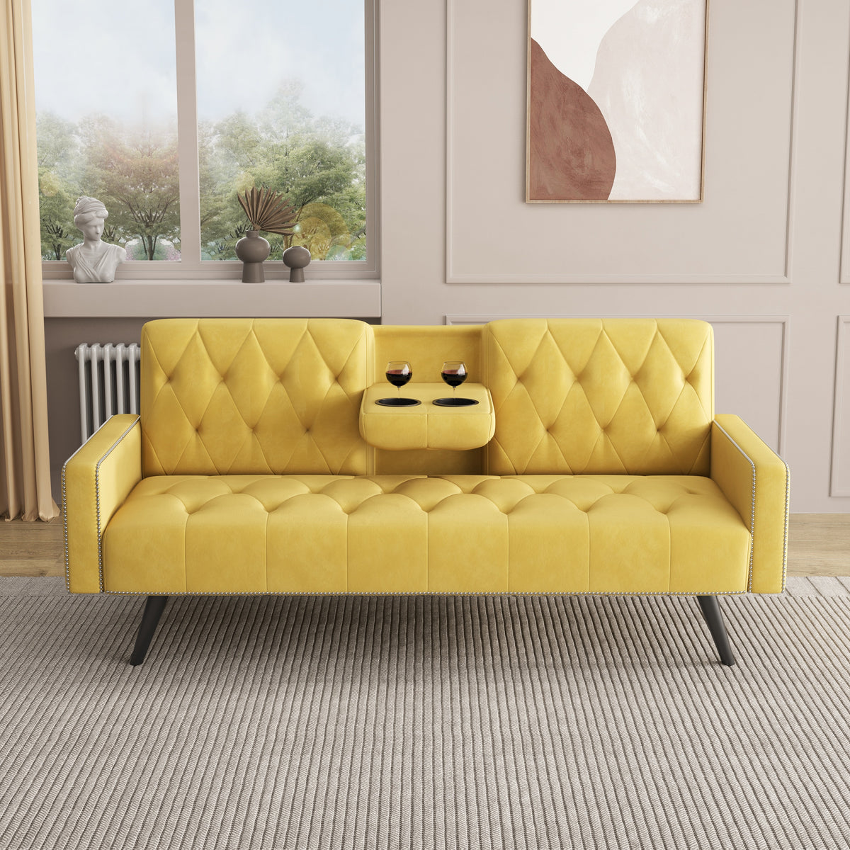 Compact Yellow Velvet Sofa Bed with Nailhead Trim Armrests & Dual Cup Holders - Perfect for Small Spaces, 72-Inch Length W1278P172941-djyc