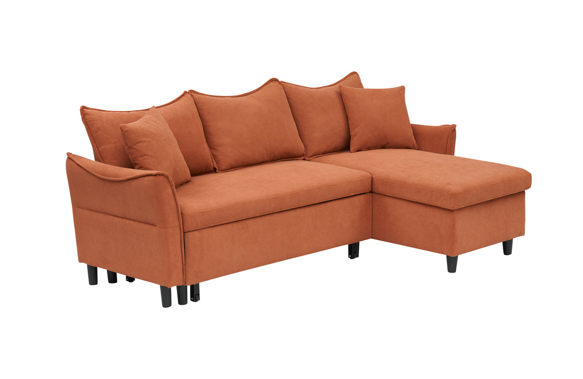 This 80-inch orange corduroy L-shaped sofa comes with two small throw pillows that can be converted into a sofa bed for storage W1278S00026-djyc