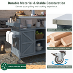 K&K Outdoor Kitchen Island, Rolling Bar Cart & Storage Cabinet, Farmhouse Solid Wood Outdoor Grill Table with Stainless Steel Top, Spice Rack , Towel Rack for Kitchen & BBQ , Grey Blue WF532198AAG-djyc